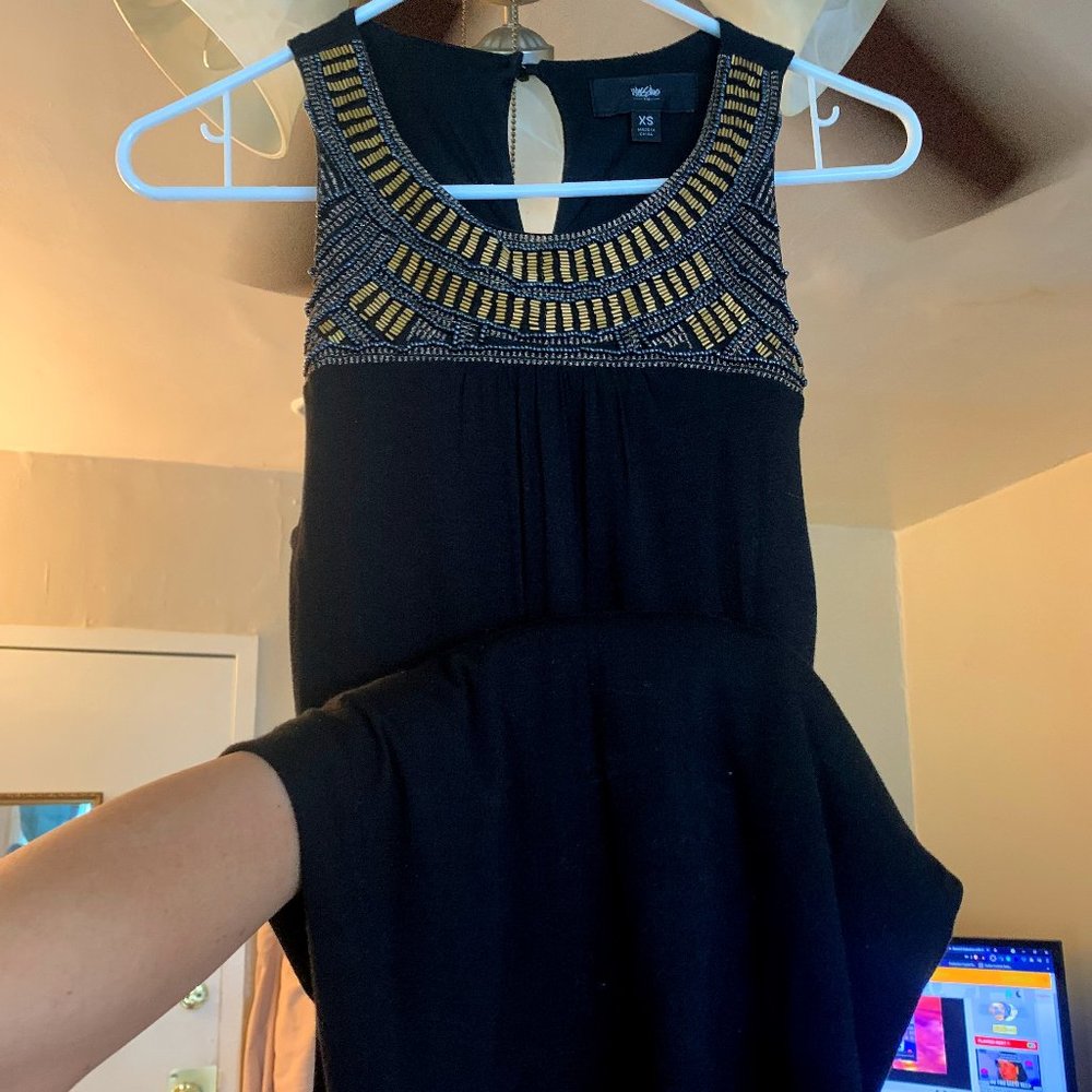 Beaded-Collar Midi Black Dress